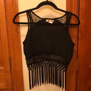 Cropped black fringe top